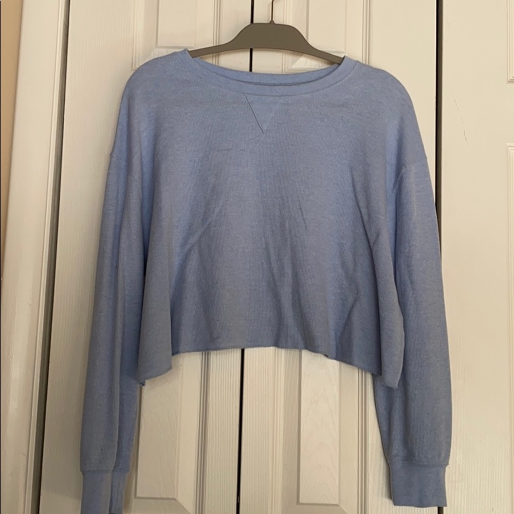 Blue waffle tee long sleeve crop top